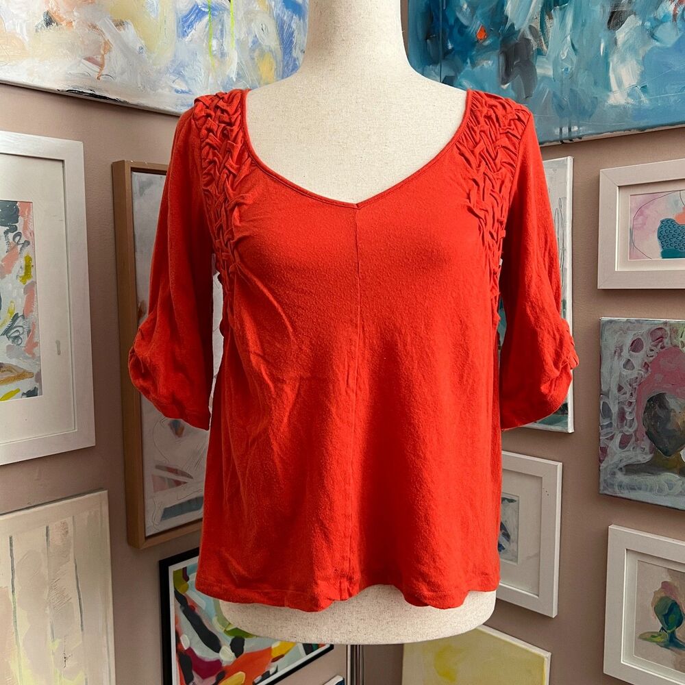 Ett Twa Anthropologie Orange Braided Detail V Neck Boho Blouse‎ Size S Spring